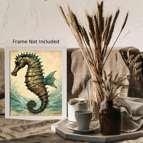Posterizer 1 pcs-cute seahorse with retro chic background 2-Coastal & Nautical Art-Gift for Nature, Surfers and Beach Lovers -Decor for Beach Hous...